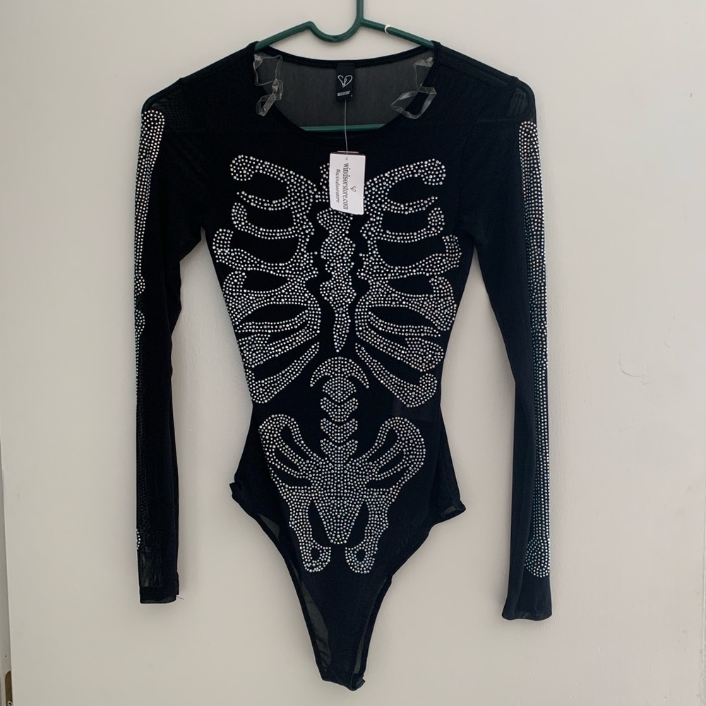Rhinestones Skeleton Mesh Bodysuit